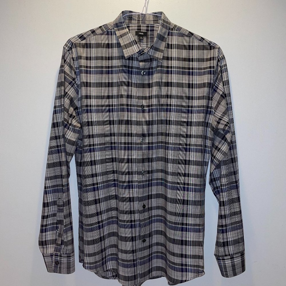 Vince Men's Button Down Casual Dress Shirt Grey Black Plaid
